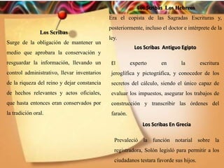 Los Scribas
Surge de la obligación de mantener un
medio que aprobara la conservación y
resguardar la información, llevando un
control administrativo, llevar inventarios
de la riqueza del reino y dejar constancia
de hechos relevantes y actos oficiales,
que hasta entonces eran conservados por
la tradición oral.
Los Scribas Los Hebreos
Era el copista de las Sagradas Escrituras y,
posteriormente, incluso el doctor e intérprete de la
ley.
Los Scribas Antiguo Egipto
El experto en la escritura
jeroglífica y pictográfica, y conocedor de los
secretos del cálculo, siendo el único capaz de
evaluar los impuestos, asegurar los trabajos de
construcción y transcribir las órdenes del
faraón.
Los Scribas En Grecia
Prevaleció la función notarial sobre la
registradora, Solón legisló para permitir a los
ciudadanos testara favorde sus hijos.
 