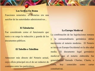 Los Scribas En Roma
Funciones notariales: el Notarius era una
auxiliar de las autoridades administrativas ,
El Tabularius
Fue considerado como el funcionario que
tenía a su cargo la redacción y guarda de los
documentos públicos.
El Tabellio o Tabellion
Antecesor más directo del Notario actual,
cuyo oficio principal era el de ser redactor de
contratos entre los particulares.
La Europa Medieval
La combinación de las legislaciones romana
y la consuetudinaria germánica daban
nacimiento al notario moderno. El Notario
se inicia en Europa Occidental en la alta edad
media. El documento legal germánico
medieval que el notario elaboraba fue
generalmente llamado Chartae, Charta, o
Carta, hoy conocidos como cartas
constitutivas.
 