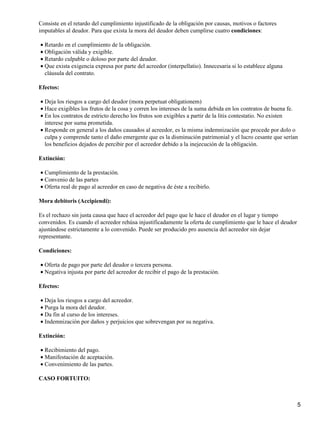 Consiste en el retardo del cumplimiento injustificado de la obligación por causas, motivos o factores
imputables al deudor. Para que exista la mora del deudor deben cumplirse cuatro condiciones:

• Retardo en el cumplimiento de la obligación.
• Obligación válida y exigible.
• Retardo culpable o doloso por parte del deudor.
• Que exista exigencia expresa por parte del acreedor (interpellatio). Innecesaria si lo establece alguna
  cláusula del contrato.

Efectos:

• Deja los riesgos a cargo del deudor (mora perpetuat obligationem)
• Hace exigibles los frutos de la cosa y corren los intereses de la suma debida en los contratos de buena fe.
• En los contratos de estricto derecho los frutos son exigibles a partir de la litis contestatio. No existen
  interese por suma prometida.
• Responde en general a los daños causados al acreedor, es la misma indemnización que procede por dolo o
  culpa y comprende tanto el daño emergente que es la disminución patrimonial y el lucro cesante que serían
  los beneficios dejados de percibir por el acreedor debido a la inejecución de la obligación.

Extinción:

• Cumplimiento de la prestación.
• Convenio de las partes
• Oferta real de pago al acreedor en caso de negativa de éste a recibirlo.

Mora debitoris (Accipiendi):

Es el rechazo sin justa causa que hace el acreedor del pago que le hace el deudor en el lugar y tiempo
convenidos. Es cuando el acreedor rehúsa injustificadamente la oferta de cumplimiento que le hace el deudor
ajustándose estrictamente a lo convenido. Puede ser producido pro ausencia del acreedor sin dejar
representante.

Condiciones:

• Oferta de pago por parte del deudor o tercera persona.
• Negativa injusta por parte del acreedor de recibir el pago de la prestación.

Efectos:

• Deja los riesgos a cargo del acreedor.
• Purga la mora del deudor.
• Da fin al curso de los intereses.
• Indemnización por daños y perjuicios que sobrevengan por su negativa.

Extinción:

• Recibimiento del pago.
• Manifestación de aceptación.
• Convenimiento de las partes.

CASO FORTUITO:



                                                                                                              5
 