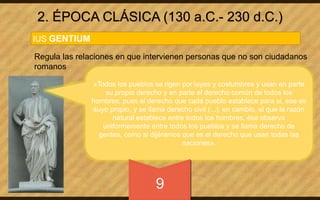 2. ÉPOCA CLÁSICA (130 a.C.- 230 d.C.) 
IUS GENTIUM 
Regula las relaciones en que intervienen personas que no son ciudadanos 
romanos 
«Todos los pueblos se rigen por leyes y costumbres y usan en parte 
su propio derecho y en parte el derecho común de todos los 
hombres; pues el derecho que cada pueblo establece para sí, ese es 
suyo propio, y se llama derecho civil (...); en cambio, el que la razón 
natural establece entre todos los hombres, ése observa 
uniformemente entre todos los pueblos y se llama derecho de 
gentes, como si dijéramos que es el derecho que usan todas las 
naciones». 
9 
 