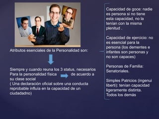 Atributos esenciales de la Personalidad son:
Siempre y cuando reuna los 3 status, necesarios
Para la personalidad física de acuerdo a
su clase social
( Una declaración oficial sobre una conducta
reprobable influía en la capacidad de un
ciudadadno)
Capacidad de goce: nadie
es persona si no tiene
esta capacidad, no la
tenían con la misma
plenitud .
Capacidad de ejercicio: no
es esencial para la
persona (los dementes e
infantes son personas y
no son capaces)
Personas de Familia:
Senatoriales.
Simples Patricios (ingenui
liberti): tenían capacidad
ligeramente distinta.
Todos los demás
 