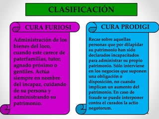 CLASIFICACIÓN
Administración de los
bienes del loco,
cuando este carece de
paterfamilias, tutor,
agnado próximo o
gentiles. Actúa
siempre en nombre
del incapaz, cuidando
de su persona y
administrando su
patrimonio.
Recae sobre aquellas
personas que por dilapidar
su patrimonio han sido
declarados incapacitados
para administrar su propio
patrimonio. Sólo interviene
en los negocios que suponen
una obligación o
disposición, no cuando
implican un aumento del
patrimonio. En caso de
fraude se puede interponer
contra el curados la actio
negotorum.
CURA FURIOSI CURA PRODIGI
 