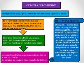 CURATELA DE LOS PUPILOS
El impúber en tutela podía tener un curador en los siguientes casos:
Si el tutor sostiene un proceso con su
pupilo, no puede dar su auctoritas enun
asunto, si está él interesado. Para lo cual
era necesario un curador.
Si el tutor ha hecho admitir una excusa
temporal, es necesario durante este
intervalo nombrar un curador en su lugar.
Mostrándose el tutor incapaz aún siendo fiel, se
le une un curador.
(El curador no podía suplir a la auctoritas tutoris)
Otorgaba al menor de 25
años una capacidad de
obrar semejante al mayor
de edad. La concedías el
emperador a los varones
mayores de 20 años y a
las mujeres mayores de
18 años. Esta habilitación
de edad hacia cesar la
incapacidad de obrar del
menor, y como
consecuencia le impedía
solicitar la in integrum
restitutio,
VIENA AETATIS
 