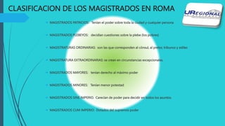 CLASIFICACION DE LOS MAGISTRADOS EN ROMA
 MAGISTRADOS PATRICIOS: Tenían el poder sobre toda la ciudad y cualquier persona
 MAGISTRADOS PLEBEYOS: decidían cuestiones sobre la plebe (los pobres)
 MAGISTRATURAS ORDINARIAS: son las que corresponden al cónsul, al pretor, tribunos y ediles
 MAGISTRATURA EXTRAORDINARIAS: se crean en circunstancias excepcionales.
 MAGISTRADOS MAYORES: tenían derecho al máximo poder
 MAGISTRADOS MINORES: Tenían menor potestad
 MAGISTRADOS SINE IMPERIO. Carecían de poder para decidir en todos los asuntos.
 MAGISTRADOS CUM IMPERIO: Dotados del supremos poder
 