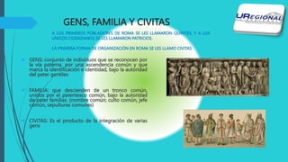 GENS, FAMILIA Y CIVITAS
 GENS: conjunto de individuos que se reconocen por
la vía paterna, por una ascendencia común y que
marca la identificación e identidad, bajo la autoridad
del pater gentiles
 FAMILIA: que descienden de un tronco común,
unidos por el parentesco común, bajo la autoridad
de pater familias. (nombre común; culto común, jefe
común, sepulturas comunes)
 CIVITAS: Es el producto de la integración de varias
gens
A LOS PRIMEROS POBLADORES DE ROMA SE LES LLAMARON QUIRITES, Y A LOS
UNICOS CIUDADANOS SE LES LLAMARON PATRICIOS.
LA PRIMERA FORMA DE ORGANIZACIÓN EN ROMA SE LES LLAMO CIVITAS
 