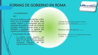 FORMAS DE GOBIERNO EN ROMA
I. LA MONARQUIA:
1. REY
Es la que estaba en poder del Rey o REX,
inicia con la fundación de Roma, tiene
mando vitalicio y es designado por los
intereses del pueblo a través de comicios
curiados, (electos) quienes juran al rey
fidelidad y obediencia, la palabra Rey
proviene de REGERE que significa regir.
 FUNCIONES DEL REY.
 En política: mando supremo, crea
leyes que son aprobadas en comicios,
tiene a su cargo la administración
económica financiera del país
(administración Publica)
Judicial: funge como juez en todo
proceso civil o criminal (salomón Niña mano)
Militares: jefe del ejercito (presidente)
RELIGIOSA: velar por el cumplimiento de ritos
y cultos. (admón. Publica, gobernación)
 