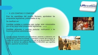  3. LOS COMITIAS O COMICIOS:
Eran las asambleas del pueblo Romano, aprobaban las
propuestas legislativas, presentadas al rey.
Se clasifican en:
Comitias curiatas o comicios por curias: eran convocados
por el rey para votar propuestas legislativas. (asesores)
Comitias centuriata o comicios centurias: sustituyeron a las
funciones políticas administrativas
Comitia tributa: formados por agricultores, pastores y artesanos, en
este tiempo o existía la moneda, y operaban a través del trueque, la
unidad de cambio era el ganado, a la cual se le denominaba PECUS,
de ahí se derivan las palabras PECUNIA O PECUNIO que significa
Dinero, aparecen las escrituras
 