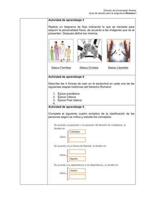 División de Universidad Abierta
Guía de estudio para la asignatura Romano I
Actividad de aprendizaje 3
Realice un diagrama de flujo indicando lo que se necesita para
adquirir la personalidad física, de acuerdo a las imágenes que se te
presentan. Después define los mismos.
Actividad de aprendizaje 4
Describa las 4 formas de caer en la esclavitud en cada una de las
siguientes etapas históricas del Derecho Romano:
1. Época preclásica:
2. Época Clásica
3. Época Post clásica
4.
Actividad de aprendizaje 5
Complete el siguiente cuadro sinóptico de la clasificación de las
personas según se indica y estudie los conceptos:
Status Familiae Status Civitatis Status Libertatis
 