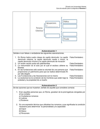 División de Universidad Abierta
Guía de estudio para la asignatura Romano I
Autoevaluación 1
Señale si son falsas o verdaderas las siguientes aseveraciones.
1. En Roma había cuatro clases de capitis deminutio: La capitis
deminutio máxima, la capitis deminutio media o minior, la
capitis deminutio mínima y la capitis deminutio de novación
Falso/Verdadero
2. Un recién nacido podía ser paterfamilias Falso/Verdadero
3. La manumisión es el acto por el cual el esclavo obtiene su
libertad.
Falso/Verdadero
4. En las fundaciones sólo existe la voluntad de una persona que
proporciona un patrimonio para que se realice determinado fin
por ella elegido
Falso/Verdadero
5. Las Fundaciones y las Asociaciones son lo mismo Falso/Verdadero
6. La esclavitud es la condición de los hombres que están bajo la
potestad y la propiedad de un dueño
Falso/Verdadero
Autoevaluación 2
De las opciones que se muestran, señale (X) aquella que considere correcta:
1. Eran aquellas personas que, en Roma, gozaban de la prerrogativas otorgadas por
el Ius civitatis:
a) Ciudadanos romanos
b) Latinos
c) Esclavos
2. Es una expresión técnica que utilizaban los romanos y que significaba la condición
necesaria para determinar la personalidad y la capacidad:
a) Caput
b) Status
c) Personare
 