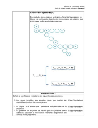 División de Universidad Abierta
Guía de estudio para la asignatura Romano I
Actividad de aprendizaje 2
Completa los conceptos que se te piden, llenando los espacios en
blanco y a continuación describe los conceptos de las palabras que
encontraste en los siguientes esquemas.
Autoevaluación 1
Señale si son falsas o verdaderas las siguientes aseveraciones.
1. Las cosas fungibles son aquellas cosas que pueden ser
sustituidas por otras del mismo género.
Falso/Verdadero
2. El corpus y el animus son elementos indispensables en la
propiedad
Falso/Verdadero
3. La posesión es el poder de hecho que una persona ejerce
sobre una cosa con la intención de retenerla y disponer de ella
como si fuera propietario
Falso/Verdadero
 