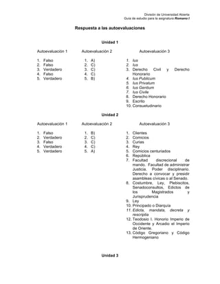 División de Universidad Abierta
Guía de estudio para la asignatura Romano I
Respuesta a las autoevaluaciones
Unidad 1
Autoevaluación 1
1. Falso
2. Falso
3. Verdadero
4. Falso
5. Verdadero
Autoevaluación 2
1. A)
2. C)
3. C)
4. C)
5. B)
Autoevaluación 3
1. Ius
2. Ius
3. Derecho Civil y Derecho
Honorario
4. Ius Publicum
5. Ius Privatum
6. Ius Gentium
7. Ius Civile
8. Derecho Honorario
9. Escrito
10. Consuetudinario
Unidad 2
Autoevaluación 1
1. Falso
2. Verdadero
3. Falso
4. Verdadero
5. Verdadero
Autoevaluación 2
1. B)
2. C)
3. C)
4. C)
5. A)
Autoevaluación 3
1. Clientes
2. Comicios
3. Curias
4. Rey
5. Comicios centuriados
6. República
7. Facultad discrecional de
mando. Facultad de administrar
Justicia. Poder disciplinario.
Derecho a convocar y presidir
asambleas cívicas o al Senado.
8. Costumbre, Ley, Plebiscitos,
Senadoconsultos, Edictos de
los Magistrados y
Jurisprudencia
9. Ley
10. Principado o Diarquía
11. Edicta, mandata, decreta y
rescriptia
12. Teodosio I. Honorio Imperio de
Occidente y Arcadio el Imperio
de Oriente.
13. Código Gregoriano y Código
Hermogeniano
Unidad 3
 