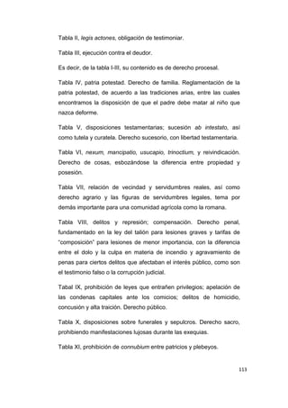 113
Tabla II, legis actones, obligación de testimoniar.
Tabla III, ejecución contra el deudor.
Es decir, de la tabla I-III, su contenido es de derecho procesal.
Tabla IV, patria potestad. Derecho de familia. Reglamentación de la
patria potestad, de acuerdo a las tradiciones arias, entre las cuales
encontramos la disposición de que el padre debe matar al niño que
nazca deforme.
Tabla V, disposiciones testamentarias; sucesión ab intestato, así
como tutela y curatela. Derecho sucesorio, con libertad testamentaria.
Tabla VI, nexum, mancipatio, usucapio, trinoctium, y reivindicación.
Derecho de cosas, esbozándose la diferencia entre propiedad y
posesión.
Tabla VII, relación de vecindad y servidumbres reales, así como
derecho agrario y las figuras de servidumbres legales, tema por
demás importante para una comunidad agrícola como la romana.
Tabla VIII, delitos y represión; compensación. Derecho penal,
fundamentado en la ley del talión para lesiones graves y tarifas de
“composición” para lesiones de menor importancia, con la diferencia
entre el dolo y la culpa en materia de incendio y agravamiento de
penas para ciertos delitos que afectaban el interés público, como son
el testimonio falso o la corrupción judicial.
Tabal IX, prohibición de leyes que entrañen privilegios; apelación de
las condenas capitales ante los comicios; delitos de homicidio,
concusión y alta traición. Derecho público.
Tabla X, disposiciones sobre funerales y sepulcros. Derecho sacro,
prohibiendo manifestaciones lujosas durante las exequias.
Tabla XI, prohibición de connubium entre patricios y plebeyos.
 