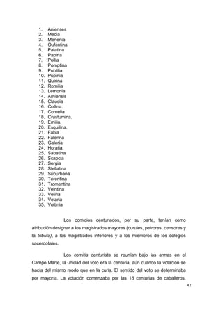 42
1. Anienses
2. Mecia
3. Menenia
4. Oufentina
5. Palatina
6. Papiria
7. Pollia
8. Pomptina
9. Publilia
10. Pupinia
11. Quirina
12. Romilia
13. Lemonia
14. Arniensis
15. Claudia
16. Collina.
17. Cornelia
18. Crustumina.
19. Emilia.
20. Esquilina.
21. Fabia
22. Falerina
23. Galería
24. Horatia.
25. Sabatina
26. Scapcia
27. Sergia
28. Stellatina
29. Suburbana
30. Terentina
31. Tromentina
32. Veintina
33. Velina
34. Vetaria
35. Voltinia
Los comicios centuriados, por su parte, tenían como
atribución designar a los magistrados mayores (curules, petrores, censores y
la tributa), a los magistrados inferiores y a los miembros de los colegios
sacerdotales.
Los comitia centuriata se reunían bajo las armas en el
Campo Marte, la unidad del voto era la centuria, aún cuando la votación se
hacía del mismo modo que en la curia. El sentido del voto se determinaba
por mayoría. La votación comenzaba por las 18 centurias de caballeros,
 