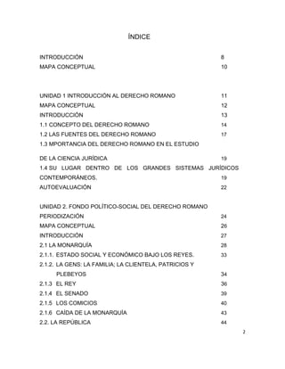 2
ÍNDICE
INTRODUCCIÓN 8
MAPA CONCEPTUAL 10
UNIDAD 1 INTRODUCCIÓN AL DERECHO ROMANO 11
MAPA CONCEPTUAL 12
INTRODUCCIÓN 13
1.1 CONCEPTO DEL DERECHO ROMANO 14
1.2 LAS FUENTES DEL DERECHO ROMANO 17
1.3 MPORTANCIA DEL DERECHO ROMANO EN EL ESTUDIO
DE LA CIENCIA JURÍDICA 19
1.4 SU LUGAR DENTRO DE LOS GRANDES SISTEMAS JURÍDICOS
CONTEMPORÁNEOS. 19
AUTOEVALUACIÓN 22
UNIDAD 2. FONDO POLÍTICO-SOCIAL DEL DERECHO ROMANO
PERIODIZACIÓN 24
MAPA CONCEPTUAL 26
INTRODUCCIÓN 27
2.1 LA MONARQUÍA 28
2.1.1. ESTADO SOCIAL Y ECONÓMICO BAJO LOS REYES. 33
2.1.2. LA GENS: LA FAMILIA; LA CLIENTELA, PATRICIOS Y
PLEBEYOS 34
2.1.3 EL REY 36
2.1.4 EL SENADO 39
2.1.5 LOS COMICIOS 40
2.1.6 CAÍDA DE LA MONARQUÍA 43
2.2. LA REPÚBLICA 44
 