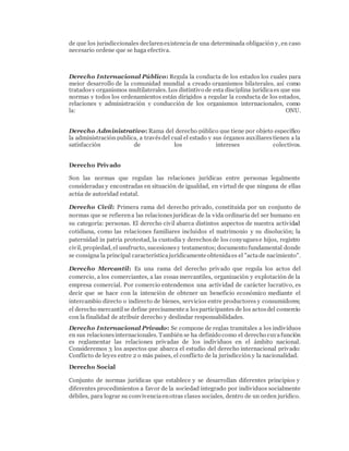 de que los jurisdiccionales declaren existencia de una determinada obligación y, en caso 
necesario ordene que se haga efectiva. 
Derecho Internacional Público: Regula la conducta de los estados los cuales para 
mejor desarrollo de la comunidad mundial a creado organismos bilaterales, así como 
tratados y organismos multilaterales. Los distintivo de esta disciplina jurídica es que sus 
normas y todos los ordenamientos están dirigidos a regular la conducta de los estados, 
relaciones y administración y conducción de los organismos internacionales, como 
la: ONU. 
Derecho Administrativo: Rama del derecho público que tiene por objeto específico 
la administración publica, a través del cual el estado y sus órganos auxiliares tienen a la 
satisfacción de los intereses colectivos. 
Derecho Privado 
Son las normas que regulan las relaciones jurídicas entre personas legalmente 
consideradas y encontradas en situación de igualdad, en virtud de que ninguna de ellas 
actúa de autoridad estatal. 
Derecho Civil: Primera rama del derecho privado, constituida por un conjunto de 
normas que se refieren a las relaciones jurídicas de la vida ordinaria del ser humano en 
su categoría: personas. El derecho civil abarca distintos aspectos de nuestra actividad 
cotidiana, como las relaciones familiares incluidos el matrimonio y su disolución; la 
paternidad in patria protestad, la custodia y derechos de los conyugues e hijos, registro 
civil, propiedad, el usufructo, sucesiones y testamentos; documento fundamental donde 
se consigna la principal característica jurídicamente obtenida es el "acta de nacimiento". 
Derecho Mercantil: Es una rama del derecho privado que regula los actos del 
comercio, a los comerciantes, a las cosas mercantiles, organización y explotación de la 
empresa comercial. Por comercio entendemos una actividad de carácter lucrativo, es 
decir que se hace con la intención de obtener un beneficio económico mediante el 
intercambio directo o indirecto de bienes, servicios entre productores y consumidores; 
el derecho mercantil se define precisamente a los participantes de los actos del comercio 
con la finalidad de atribuir derecho y deslindar responsabilidades. 
Derecho Internacional Privado: Se compone de reglas tramitales a los individuos 
en sus relaciones internacionales. También se ha definido como el derecho cuya función 
es reglamentar las relaciones privadas de los individuos en el ámbito nacional. 
Consideremos 3 los aspectos que abarca el estudio del derecho internacional privado: 
Conflicto de leyes entre 2 o más países, el conflicto de la jurisdicción y la nacionalidad. 
Derecho Social 
Conjunto de normas jurídicas que establece y se desarrollan diferentes principios y 
diferentes procedimientos a favor de la sociedad integrado por individuos socialmente 
débiles, para lograr su convivencia en otras clases sociales, dentro de un orden jurídico. 
 