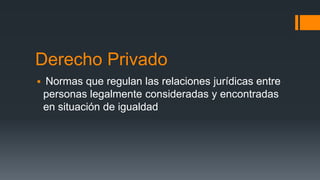 Derecho Privado
Normas que regulan las relaciones jurídicas entre
personas legalmente consideradas y encontradas
en situación de igualdad