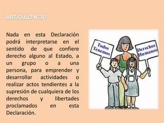 Nada en esta Declaración
podrá interpretarse en el
sentido de que confiere
derecho alguno al Estado, a
un
grupo
o
a
una
persona, para emprender y
desarrollar actividades o
realizar actos tendientes a la
supresión de cualquiera de los
derechos
y
libertades
proclamados
en
esta
Declaración.

 