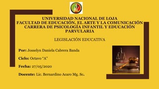 UNIVERSIDAD NACIONAL DE LOJA
FACULTAD DE EDUCACIÓN, EL ARTE Y LA COMUNICACIÓN
CARRERA DE PSICOLOGÍA INFANTIL Y EDUCACIÓN
PARVULARIA
LEGISLACIÓN EDUCATIVA
Por: Josselyn Daniela Cabrera Banda
Ciclo: Octavo “A”
Fecha: 27/05/2020
Docente: Lic. Bernardino Acaro Mg. Sc.
 