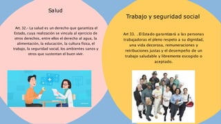 Art. 32.- La salud es un derecho que garantiza el
Estado, cuya realización se vincula al ejercicio de
otros derechos, entre ellos el derecho al agua, la
alimentación, la educación, la cultura física, el
trabajo, la seguridad social, los ambientes sanos y
otros que sustentan el buen vivir.
Salud
Art 33. . El Estado garantizará a las personas
trabajadoras el pleno respeto a su dignidad,
una vida decorosa, remuneraciones y
retribuciones justas y el desempeño de un
trabajo saludable y libremente escogido o
aceptado.
Trabajo y seguridad social
 