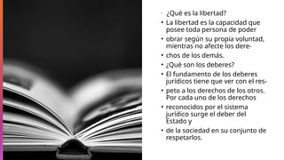 •
¿Qué es la libertad?
• La libertad es la capacidad que
posee toda persona de poder
• obrar según su propia voluntad,
mientras no afecte los dere-
• chos de los demás.
• ¿Qué son los deberes?
• El fundamento de los deberes
jurídicos tiene que ver con el res-
• peto a los derechos de los otros.
Por cada uno de los derechos
• reconocidos por el sistema
jurídico surge el deber del
Estado y
• de la sociedad en su conjunto de
respetarlos.
 