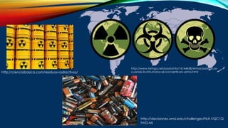 http://decisiones.omsi.edu/challenges/96#.VQC1Q
fmG-MI
http://cienciabasica.com/residuos-radiactivos/
http://www.taringa.net/posts/info/16144658/Armas-biologicas-
cuando-lo-inhumano-se-convierte-en-arma.html
 