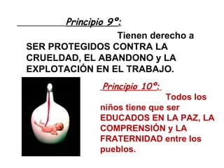 Principio 9º :    Tienen derecho a SER PROTEGIDOS CONTRA LA CRUELDAD, EL ABANDONO y LA EXPLOTACIÓN EN EL TRABAJO. Principio 10º :    Todos los niños tiene que ser EDUCADOS EN LA PAZ, LA COMPRENSIÓN y LA FRATERNIDAD entre los pueblos. 
