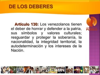 Artículo 130:Artículo 130: Los venezolanos tienen
el deber de honrar y defender a la patria,
sus símbolos y valores culturales;
resguardar y proteger la soberanía, la
nacionalidad, la integridad territorial, la
autodeterminación y los intereses de la
Nación.
 