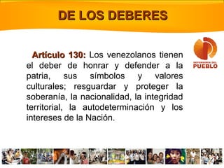 DE LOS DEBERESDE LOS DEBERES
Artículo 130:Artículo 130: Los venezolanos tienen
el deber de honrar y defender a la
patria, sus símbolos y valores
culturales; resguardar y proteger la
soberanía, la nacionalidad, la integridad
territorial, la autodeterminación y los
intereses de la Nación.
 
