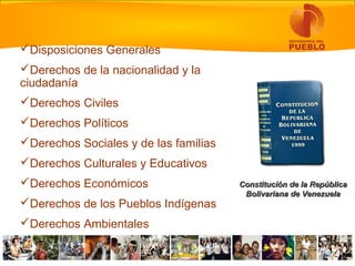 Constitución de la RepúblicaConstitución de la República
Bolivariana de VenezuelaBolivariana de Venezuela
Disposiciones Generales
Derechos de la nacionalidad y la
ciudadanía
Derechos Civiles
Derechos Políticos
Derechos Sociales y de las familias
Derechos Culturales y Educativos
Derechos Económicos
Derechos de los Pueblos Indígenas
Derechos Ambientales
 