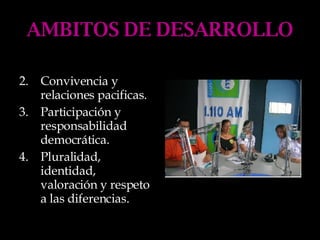 AMBITOS DE DESARROLLO Convivencia y relaciones pacificas. Participación y responsabilidad democrática. Pluralidad, identidad, valoración y respeto a las diferencias. 