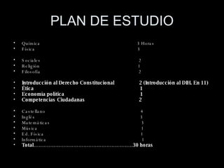 PLAN DE ESTUDIO Química  3 Horas  Física  3 Sociales  2 Religión  1 Filosofía  2 Introducción al Derecho Constitucional  2 (Introducción al DIH. En 11) Ética  1 Economía política  1 Competencias Ciudadanas  2 Castellano  4 Inglés  3 Matemáticas  3 Música  1 Ed. Física  1 Informática  1 Total……………………………………………………30 horas 