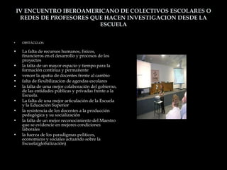 IV ENCUENTRO IBEROAMERICANO DE COLECTIVOS ESCOLARES O REDES DE PROFESORES QUE HACEN INVESTIGACION DESDE LA ESCUELA OBSTÁCULOS: La falta de recursos humanos, fisícos, financieros en el desarrollo y procesos de los proyectos la falta de un mayor espacio y tiempo para la formación continua y permanente vencer la apatia de docentes frente al cambio falta de flexibilizacion de agendas escolares la falta de uma mejor colaboración del gobierno, de las entidades públicas y privadas frente a la Escuela. La falta de una mejor articulación de la Escuela y la Educación Superior la resistencia de los docentes a la producción pedagógica y su socialización la falta de un mejor reconocimiento del Maestro que se evidencie en mejores condiciones laborales la fuerza de los paradigmas politicos, economicos y sociales actuando sobre la Escuela(globalización) 