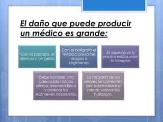 El daño que puede producir
un médico es grande:
                      Con el bolígrafo el
                                              Es imposible en la
Con la palabra, el    médico prescribe
                                            práctica médica evitar
silencio o un gesto       drogas o              la iatrogenia
                         regímenes


         Debe tomarse una          La mayoría de los
          adecuada historia       errores se comenten
        clínica, examen físico     por sobrevalorar o
             y ordenar los         menos valorar los
        exámenes necesarios.            hallazgos.
 