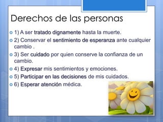 Derechos de las personas
 1) A ser tratado dignamente hasta la muerte.
 2) Conservar el sentimiento de esperanza ante cualquier
  cambio .
 3) Ser cuidado por quien conserve la confianza de un
  cambio.
 4) Expresar mis sentimientos y emociones.
 5) Participar en las decisiones de mis cuidados.
 6) Esperar atención médica.
 