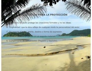 LA OBRA


               REQUISITOS PARA LA PROTECCIÓN


A. El derecho de autor protege las creaciones formales y no las ideas.

B. Originalidad: que la obra refleje de cualquier modo la personalidad del autor.

C. No importa el valor, mérito, destino o forma de expresión.

D. No es necesaria la fijación en un soporte material.

E. Cumplimiento de formalidades (Registro y depósito).




                                           6
 