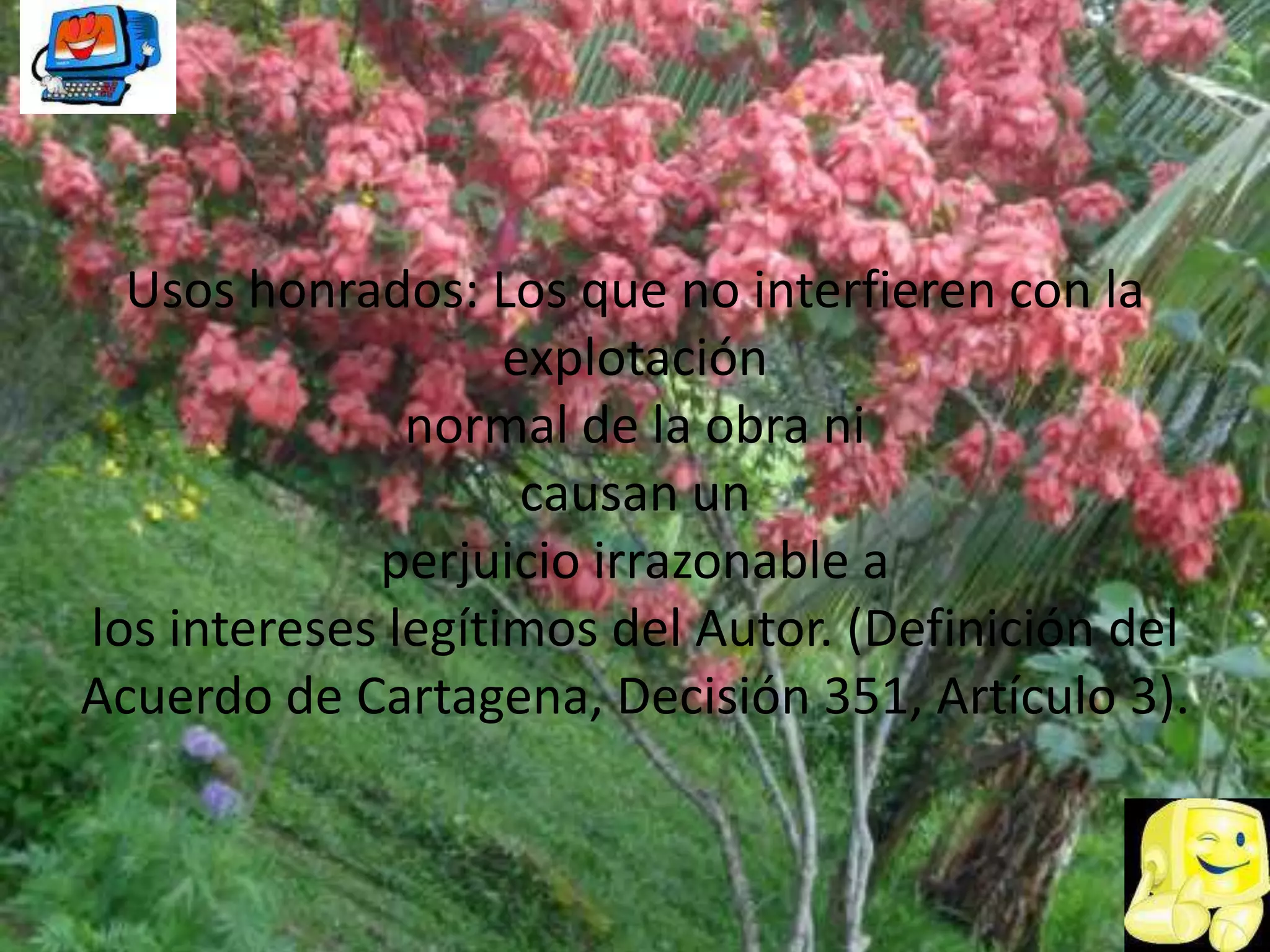 Usos honrados: Los que no interfieren con la explotación normal de la obra ni causan un perjuicio irrazonable a los intereses legítimos del Autor. (Definición del Acuerdo de Cartagena, Decisión 351, Artículo 3).