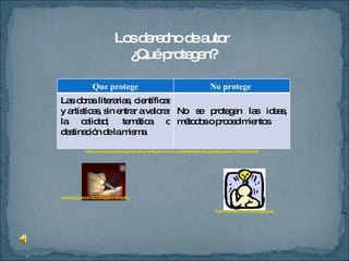 Los derecho de autor  ¿Qué protegen? iraisolveratic01sm09.blogspot.es http://www.cecolda.org.co/index.php?option=com_content&task=blogcategory&id=7&Itemid=50 Que protege No protege  Las obras literarias, científicas y artísticas, sin entrar a valorar la calidad, temática o destinación de la misma. No se protegen las ideas, métodos o procedimientos. aedia.blogia.com/2004/septiembre.php 