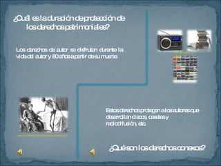 ¿Cuál es la duración de protección de los derechos patrimoniales?  ¿Qué son los derechos conexos?  Los derechos de autor se disfrutan durante la vida del autor y 80 años a partir de su muerte.  Estos derechos protegen a los autores que desarrollan discos, casetes y radiodifusión, etc. epony.zonalibre.org/archives/cat_relatos.html   www.domoking.com   