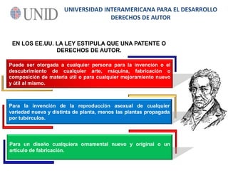 UNIVERSIDAD INTERAMERICANA PARA EL DESARROLLODERECHOS DE AUTOREN LOS EE.UU. LA LEY ESTIPULA QUE UNA PATENTE O DERECHOS DE AUTOR.Puede ser otorgada a cualquier persona para la invención o el descubrimiento de cualquier arte, máquina, fabricación o composición de materia útil o para cualquier mejoramiento nuevo y útil al mismo.Para la invención de la reproducción asexual de cualquier variedad nueva y distinta de planta, menos las plantas propagada por tubérculos.Para un diseño cualquiera ornamental nuevo y original o un artículo de fabricación. 