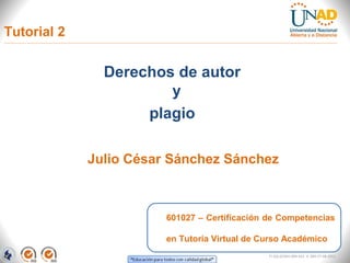 Tutorial 2

               Derechos de autor
                       y
                    plagio

             Julio César Sánchez Sánchez



                        601027 – Certificación de Competencias

                        en Tutoría Virtual de Curso Académico
                                               FI-GQ-GCMU-004-015 V. 000-27-08-2011
 