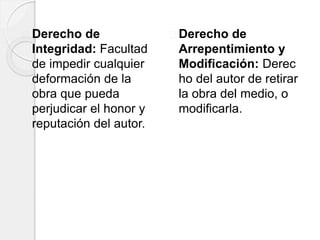 Derecho de
Integridad: Facultad
de impedir cualquier
deformación de la
obra que pueda
perjudicar el honor y
reputación del autor.
Derecho de
Arrepentimiento y
Modificación: Derec
ho del autor de retirar
la obra del medio, o
modificarla.
 