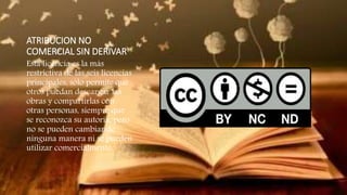 ATRIBUCION NO
COMERCIAL SIN DERIVAR
Esta licencia es la más
restrictiva de las seis licencias
principales, sólo permite que
otros puedan descargar las
obras y compartirlas con
otras personas, siempre que
se reconozca su autoría, pero
no se pueden cambiar de
ninguna manera ni se pueden
utilizar comercialmente.
 