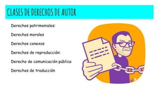 CLASESDEDERECHOSDEAUTOR
Derechos patrimoniales:
Derechos morales
Derechos conexos
Derechos de reproducción:
Derecho de comunicación pública
Derechos de traducción
 