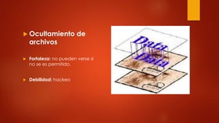  Ocultamiento de
archivos
 Fortaleza: no pueden verse si
no se es permitido.
 Debilidad: hackeo
 