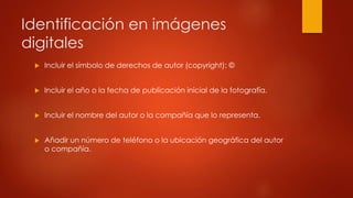 Identificación en imágenes
digitales
 Incluir el símbolo de derechos de autor (copyright): ©
 Incluir el año o la fecha de publicación inicial de la fotografía.
 Incluir el nombre del autor o la compañía que lo representa.
 Añadir un número de teléfono o la ubicación geográfica del autor
o compañía.
 