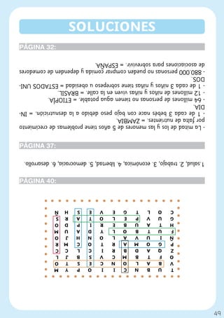 49
                  T    U    B    N    C    I    I    O    P    Y   M
                  V    B    A    L    O    N    C    E    S    T   O
                  O    F    T    B    M    C    V    S    B    J   L
                  Z    Q    A    D    B    R    I    C    L    C   C
                  P    G    O    M    A    R    T    O    C    M   R
                  Ñ    I    U    V    A    L    O    N    H    J   O
                  F    U    T    B    O    L    Y    D    A    U   M
                  H    T    A    U    B    E    R    I    P    D   O
                  G    U    V    P    E    L    O    T    A    R   S
                  C    O    L    T    G    E    V    E    S    H   Ñ
                                                                    PÁGINA 40:
     1.salud, 2. trabajo, 3. económica, 4. libertad, 5. democracia, 6. desarrollo.
                                                                    PÁGINA 37:
     - La mitad de los y las menores de 5 años tiene problemas de crecimiento
     por falta de nutrientes. = ZAMBIA.
     - 1 de cada 3 bebés nace con bajo peso debido a la desnutrición. = IN-
     DIA.
     - 64 millones de personas no tienen agua potable. = ETIOPÍA.
     - 12 millones de niños y niñas viven en la calle. = BRASIL.
     - 1 de cada 3 niños y niñas tiene sobrepeso u obesidad = ESTADOS UNI-
     DOS.
     - 880.000 personas no pueden comprar comida y dependen de comedores
     de asociaciones para sobrevivir. = ESPAÑA.
                                                                    PÁGINA 32:
                           SOLUCIONES
 