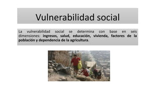 Vulnerabilidad social
La vulnerabilidad social se determina con base en seis
dimensiones: ingresos, salud, educación, vivienda, factores de la
población y dependencia de la agricultura.
 