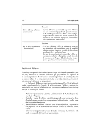 116                                                                         María Judith Salgado




                                   Resolución
    Art. 51 de la Ley de Control   - Admitir el Recurso: se ordenará la suspensión definitiva
    Constitucional                   del acto u omisión impugnado y la ejecución inmedia-
                                     ta de medidas para remediar el daño o evitar el peligro.
                                   - Negar el Recurso: se revocarán tanto la suspensión pro-
                                     visional del acto u omisión impugnados, como las me-
                                     didas preventivas si se las dictaron.

                                   Sanciones
    Art. 56 de la Ley de Control   - Si el juez o Tribunal califica de maliciosa la actuación
      Constitucional                 del demandante se le impondrá una multa de hasta 100
                                     salarios mínimos vitales, sin perjuicio de las acciones
                                     penales y civiles a que hubiere lugar.
                                   - En caso de que un funcionario o autoridad pública in-
                                     cumpla una resolución a él dirigida y tomada dentro de
                                     la tramitación del Amparo, deberá indemnizar los per-
                                     juicios que el incumplimiento cause al recurrente.




La Defensoría del Pueblo

Constituye una garantía institucional y estatal especializada en la promoción, pro-
tección y defensa de los Derechos Humanos, que ejerce además una vigilancia de
la adecuada prestación de servicios. Se caracteriza por no ser de carácter judicial ni
coercitivo; la base de su funcionamiento radica en la independencia y el reconoci-
miento moral público de su representante.
      La Defensoría del Pueblo se encuentra establecida en el Art. 96 de la Consti-
tución y regulada en la Ley Orgánica de la Defensoría del Pueblo. A continuación,
resumiré las funciones de la Defensoría, sin tomar en cuenta las funciones adminis-
trativas, en homenaje al tiempo.

-       Promover y patrocinar las Garantías Constitucionales de Habeas Corpus, Ha-
        beas Data y Amparo.
-       Defender y excitar de oficio o a petición de parte la observancia de los dere-
        chos individuales y colectivos consagrados en la Constitución y en los trata-
        dos internacionales vigentes.
-       Ser mediador de conflictos existentes entre personas jurídicas y organizacio-
        nes populares con la Administración Pública, cuando lo considere conve-
        niente.
-       Intervenir como parte en los asuntos de medio ambiente y de patrimonio cul-
        tural, en resguardo del interés de la comunidad.
 