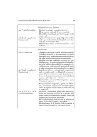 Garantías Constitucionales y derechos humanos de las mujeres                                  115



                                     Quién puede interponer el amparo
 Art. 95 de la Constitución          - Cualquier persona por sus propios derechos.
                                     - El representante legitimado de una comunidad.
                                     - El ofendido, el perjudicado, por sí mismos o por medio
                                       de apoderado.
 Art. 48 de la Ley de Control        - Agente oficioso (cualquiera que justifique la imposibili-
 Constitucional                        dad en que se encuentra el afectado y ratifique su deci-
                                       sión en el término de tres días).
                                     - El Defensor del Pueblo, Defensores Adjuntos y Comi-
                                       sionados.

                                     Procedimiento
 Art. 95 Constitución                - Al presentar un Amparo, quien lo promueva deberá de-
                                       clarar bajo juramento en el mismo escrito, que no ha
                                       presentado otro u otros Amparos ante otro juez o tribu-
                                       nal, sobre la misma materia y con el mismo objeto.
                                     - El mismo día en que se plantea el Amparo, el juez o tri-
                                       bunal convoca a las partes para ser oídas, a una audien-
                                       cia que se celebrará durante las 24 horas siguientes. Si-
                                       multáneamente, puede ordenar la suspensión de acción
                                       actual o inminente que afecte a los derechos protegidos.
 Art. 57 de la Ley de Control        - La audiencia se llevará a cabo aún sin la comparecencia
 Constitucional                        de la autoridad acusada o su delegado; la no compare-
                                       cencia del actor se considerará como desistimiento. So-
                                       lo en caso de no comparecencia por motivos de fuerza
                                       mayor, se convocará a nueva audiencia.
                                     - La resolución se dará en las 48 horas siguientes a la con-
                                       clusión de la audiencia.
                                     - La negación del recurso puede ser apelada ante el Tribu-
                                       nal Constitucional antes de que se ejecutoríe la provi-
                                       dencia de negación (tres días desde la notificación con
                                       la resolución).
 Art. 49 a 55 de la Ley de           - El Tribunal Constitucional, podrá dictar medidas cau-
 Control Constitucional                telares para asegurar la protección de los derechos obje-
                                       to del Amparo o de considerarlo necesario, convocar a
                                       las partes para escuchar sus argumentos.
                                     - El Tribunal Constitucional resolverá en un plazo no
                                       mayor de diez días la consulta o la apelación.
                                     - El cumplimiento de la decisión final corresponde al
                                       juez o tribunal ante quien se interpuso el recurso.
 