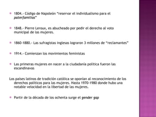 1804.- Código de Napoleón “reservar el individualismo para el  paterfamilias ” 1848.- Pierre Leroux, es abucheado por pedir el derecho al voto municipal de las mujeres. 1860-1880.- Las sufragistas inglesas lograron 3 millones de “reclamantes” 1914.- Comienzan los movimientos feministas Las primeras mujeres en nacer a la ciudadanía política fueron las escandinavas  Los países latinos de tradición católica se oponían al reconocimiento de los derechos políticos para las mujeres. Hasta 1970-1980 donde hubo una notable velocidad en la libertad de las mujeres. Partir de la década de los ochenta surge el  gender gap 